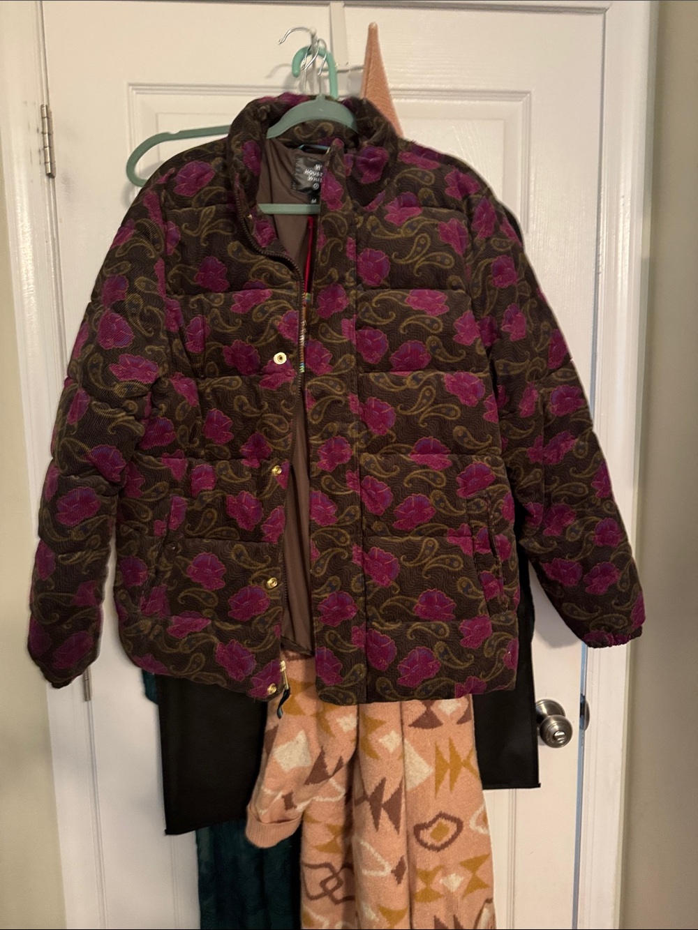 Women's Quilted Floral Puffer Jacket in Purple and Brown